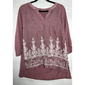 Women's Mauve Tunic‎ Floral Embroidered Blouse Boho Peasant Lightweight *read*